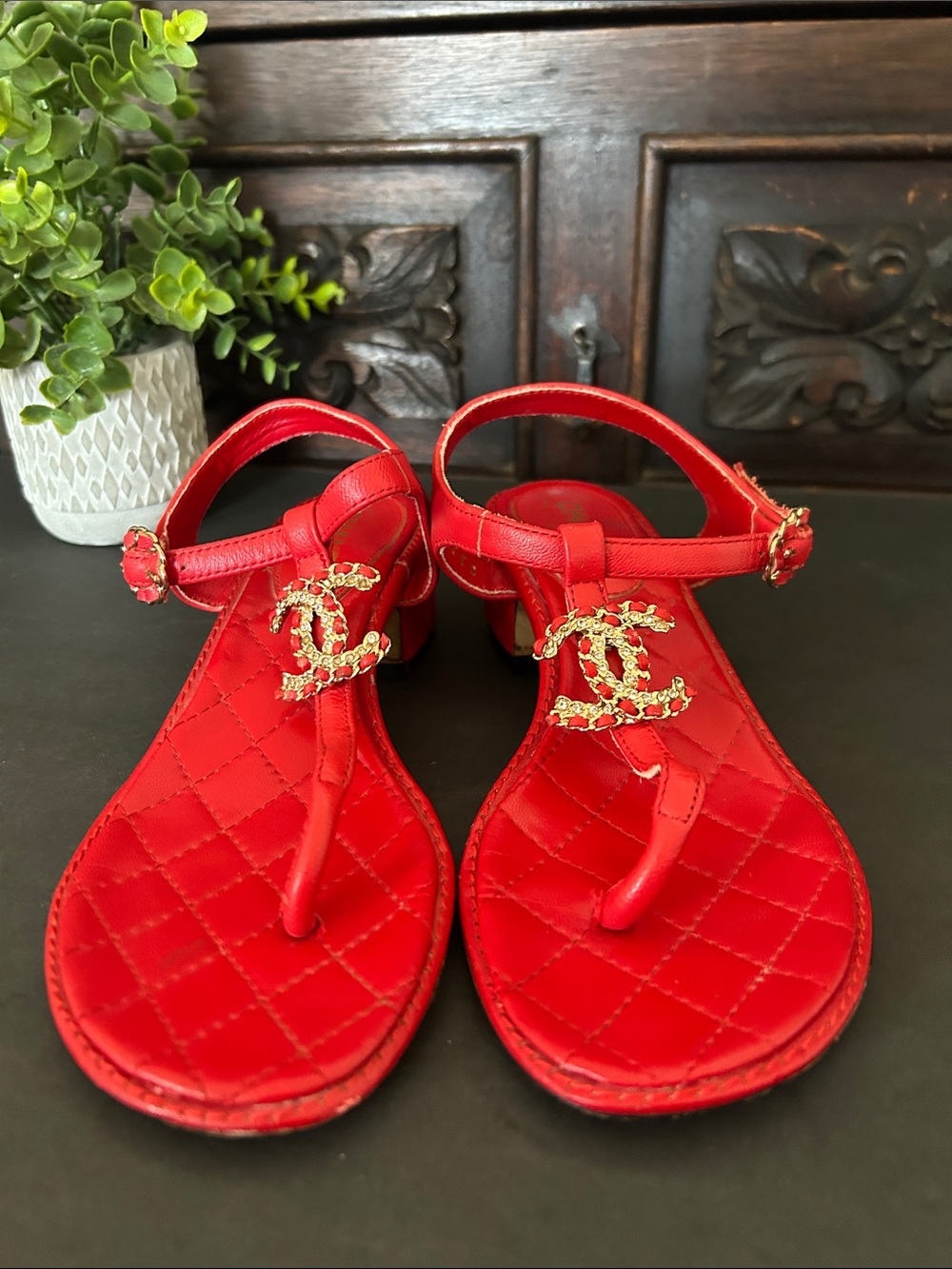 Red Quilted Jelly T-Strap Sandals with Gold CC Motif